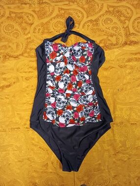 Black And Red Vintage Style With Skulls And Roses One Piece Swimsuit Size XXL